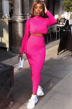 Rebellious Fashion Fuchsia Rib Knitted Midi Skirt - Kloey