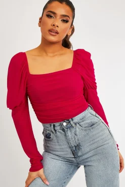 Rebellious Fashion Fuchsia Ruched Body Mesh Sleeve Bodysuit - Raeya