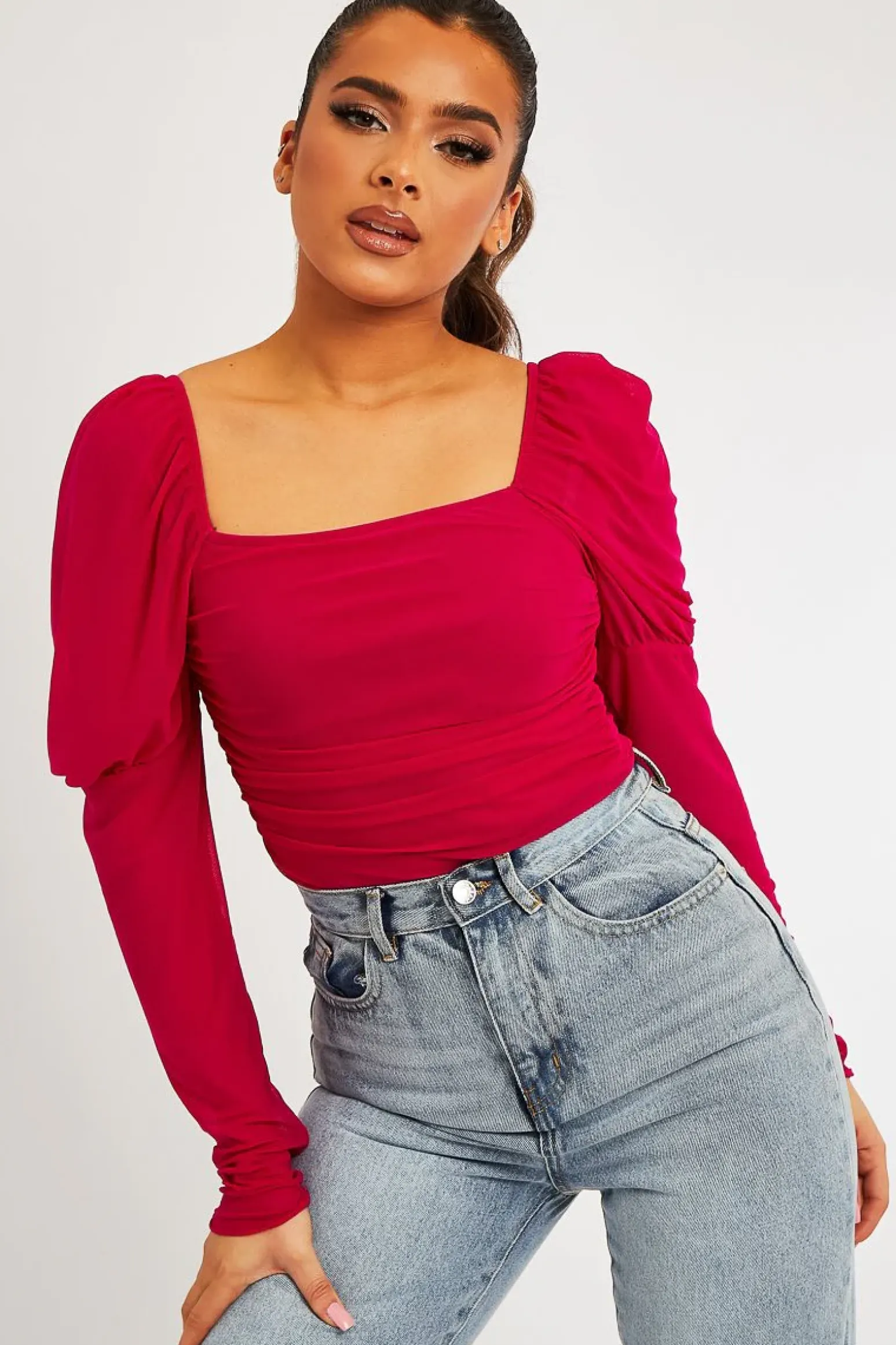 Rebellious Fashion Fuchsia Ruched Body Mesh Sleeve Bodysuit - Raeya