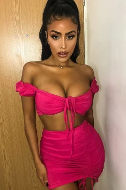 Rebellious Fashion Fuchsia Ruched Bow Tie Crop Top Skirt Co-ord - Chasity