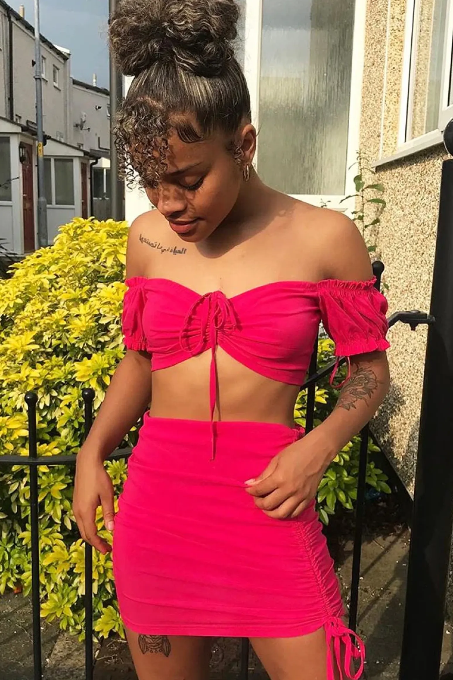 Rebellious Fashion Fuchsia Ruched Bow Tie Crop Top Skirt Co-ord - Chasity