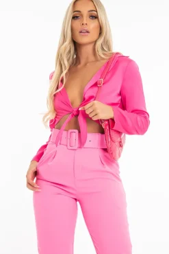 Rebellious Fashion Fuchsia Satin Cut Out Tie Front Bodysuit - Ezabella