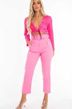 Rebellious Fashion Fuchsia Satin Cut Out Tie Front Bodysuit - Ezabella