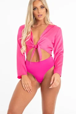 Rebellious Fashion Fuchsia Satin Cut Out Tie Front Bodysuit - Ezabella