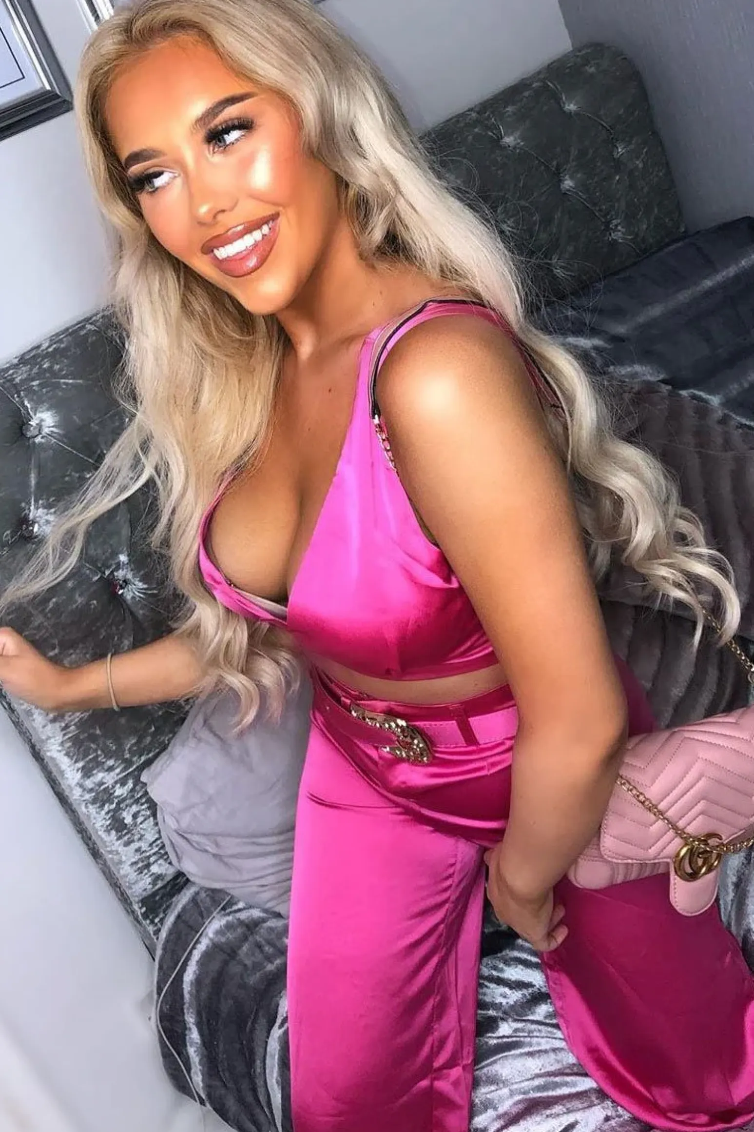 Rebellious Fashion Fuchsia Satin Plunge Bralet Belted Trousers Co-Ord - Paola