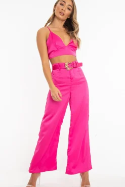 Rebellious Fashion Fuchsia Satin Plunge Bralet Belted Trousers Co-Ord - Paola