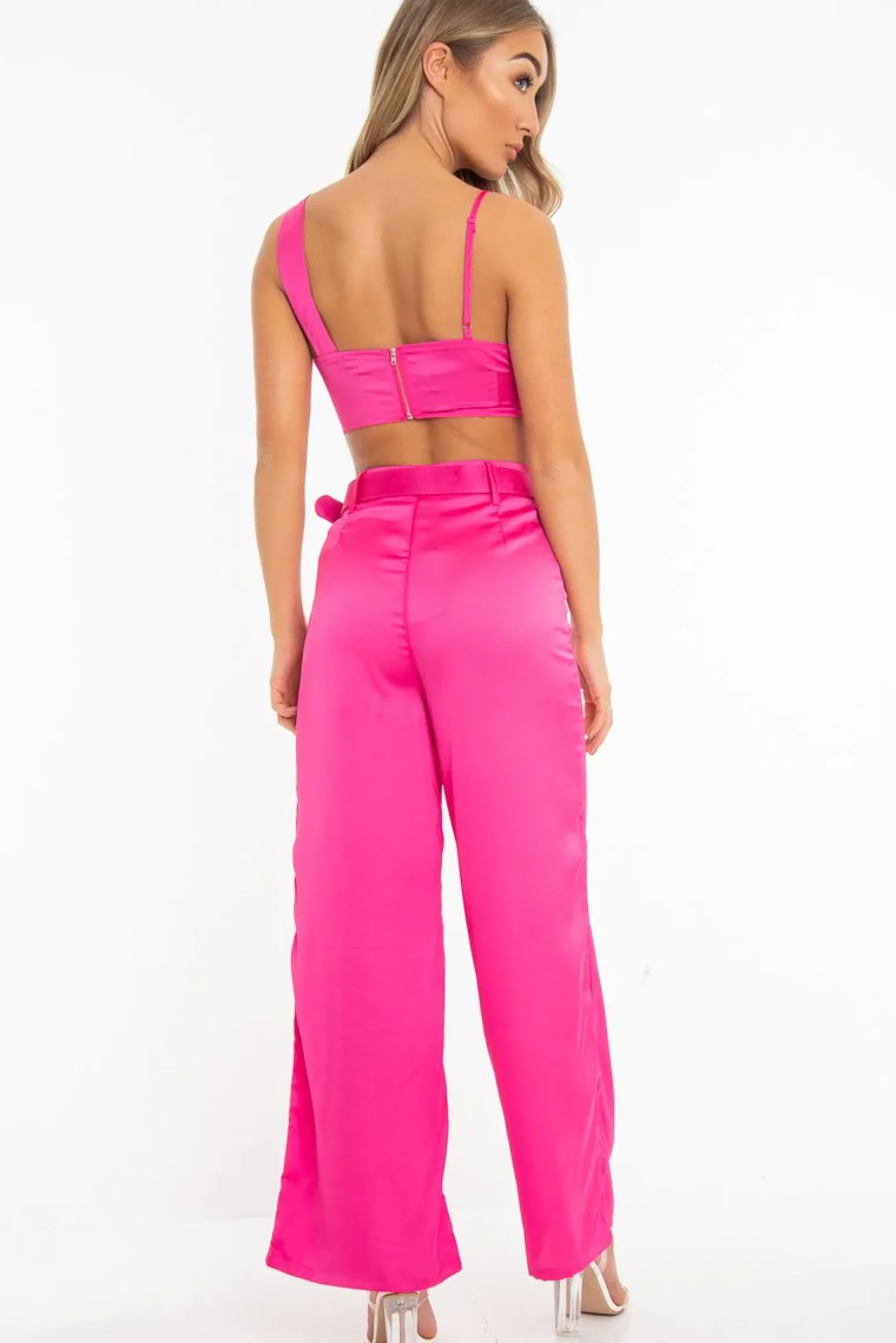 Rebellious Fashion Fuchsia Satin Plunge Bralet Belted Trousers Co-Ord - Paola