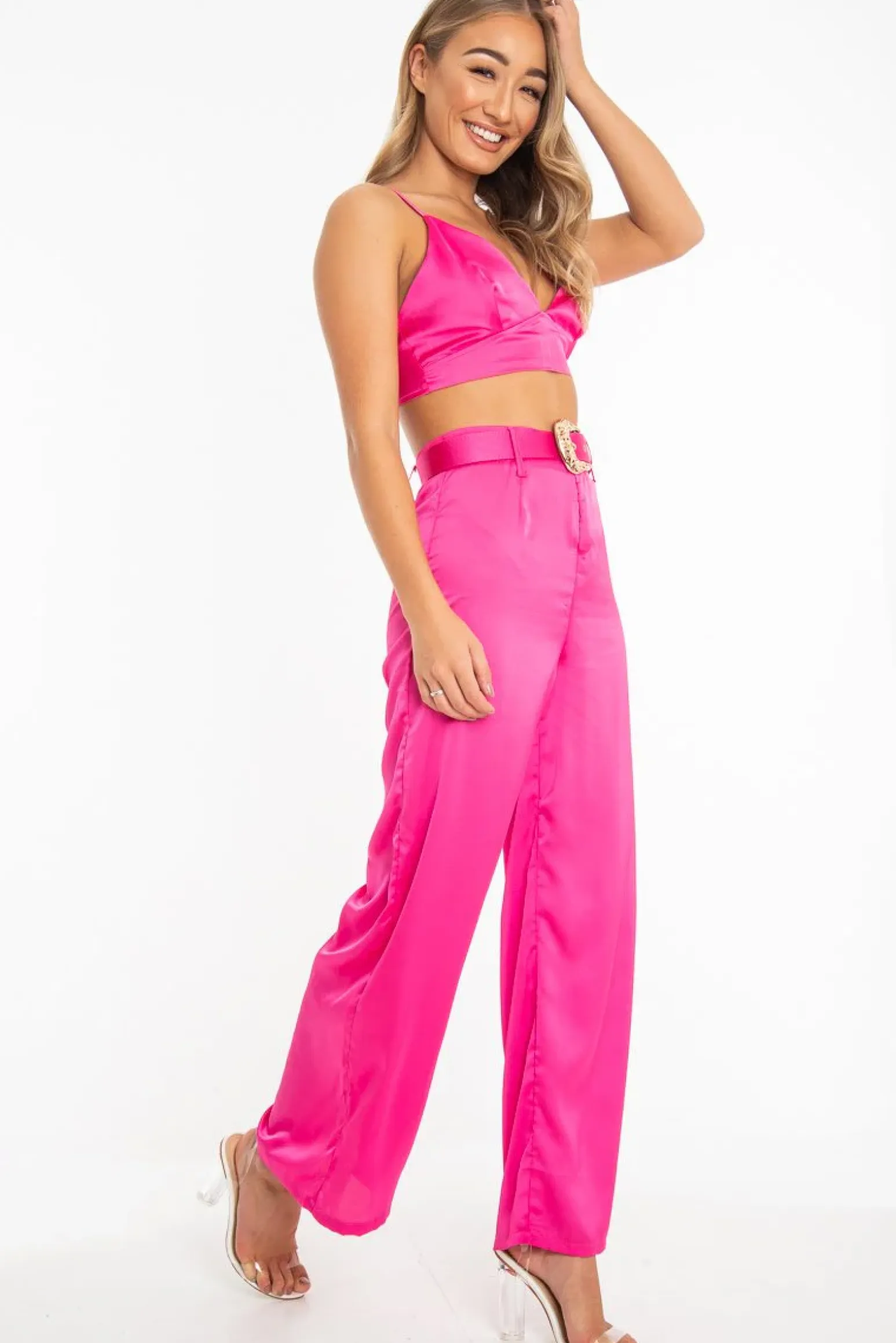 Rebellious Fashion Fuchsia Satin Plunge Bralet Belted Trousers Co-Ord - Paola