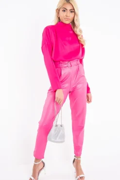 Rebellious Fashion Fuchsia Satin Shoulder Pad Shirred Waist Blouse - Farida
