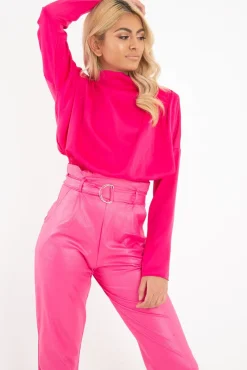 Rebellious Fashion Fuchsia Satin Shoulder Pad Shirred Waist Blouse - Farida