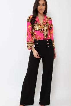 Rebellious Fashion Fuchsia Scarf Print Plunge Bodysuit - Cindy-Lou
