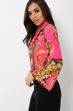 Rebellious Fashion Fuchsia Scarf Print Plunge Bodysuit - Cindy-Lou