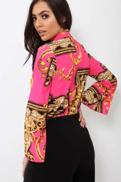 Rebellious Fashion Fuchsia Scarf Print Plunge Bodysuit - Cindy-Lou