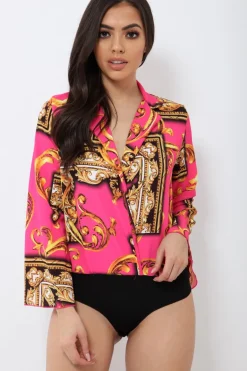Rebellious Fashion Fuchsia Scarf Print Plunge Bodysuit - Cindy-Lou
