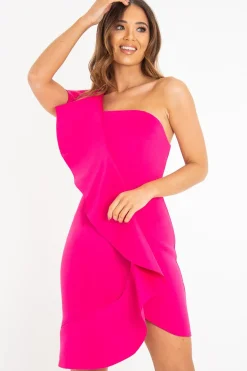 Rebellious Fashion Fuchsia Scuba One Shoulder Ruffle Front Dress - Kyomi