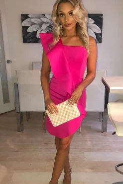 Rebellious Fashion Fuchsia Scuba One Shoulder Ruffle Front Dress - Kyomi