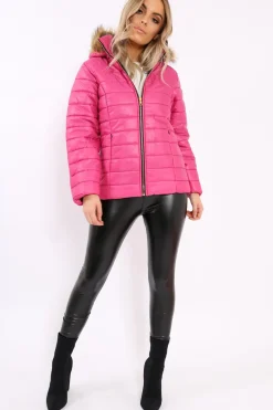 Rebellious Fashion Fuchsia Shiny Puffer Coat with Fur Hood - Idy