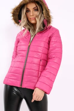 Rebellious Fashion Fuchsia Shiny Puffer Coat with Fur Hood - Idy
