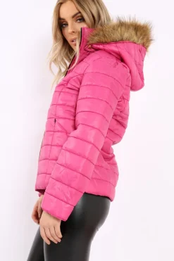 Rebellious Fashion Fuchsia Shiny Puffer Coat with Fur Hood - Idy