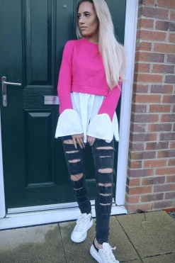 Rebellious Fashion Fuchsia Shirt Insert Crew Neck Jumper - Kamilla