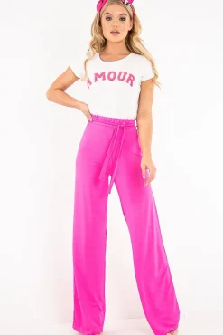 Rebellious Fashion Fuchsia Slinky Tie Detail Wide Leg Trousers - Jenelle