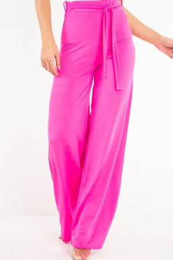 Rebellious Fashion Fuchsia Slinky Tie Detail Wide Leg Trousers - Jenelle