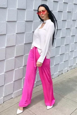 Rebellious Fashion Fuchsia Slinky Tie Detail Wide Leg Trousers - Jenelle