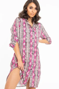 Rebellious Fashion Fuchsia Snake Print Oversized Shirt Dress - Joselynn