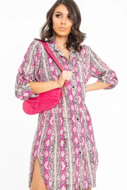 Rebellious Fashion Fuchsia Snake Print Oversized Shirt Dress - Joselynn
