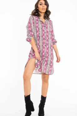 Rebellious Fashion Fuchsia Snake Print Oversized Shirt Dress - Joselynn