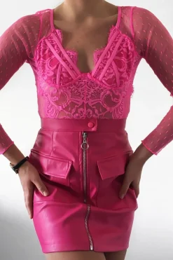 Rebellious Fashion Fuchsia Utility Pocket Front Zip Detail PU Mini Skirt - Paeyton