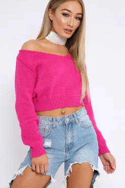 Rebellious Fashion Fuchsia V Neck Off Shoulder Knitted Cropped Jumper - Kirby