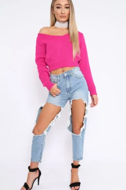 Rebellious Fashion Fuchsia V Neck Off Shoulder Knitted Cropped Jumper - Kirby