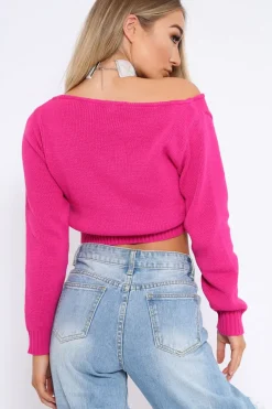 Rebellious Fashion Fuchsia V Neck Off Shoulder Knitted Cropped Jumper - Kirby