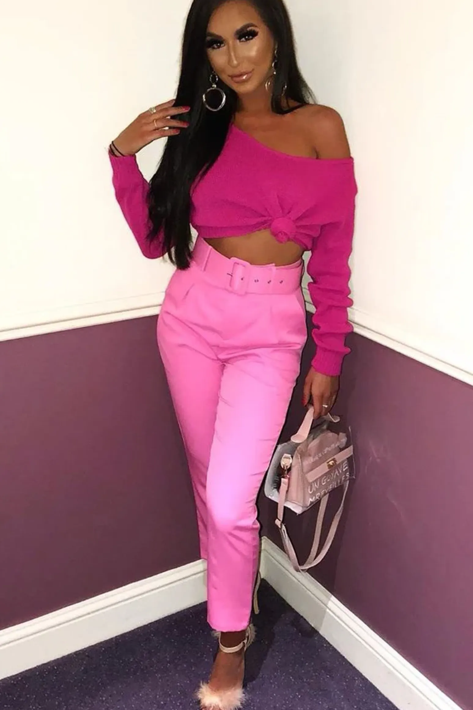 Rebellious Fashion Fuchsia V Neck Off Shoulder Knitted Cropped Jumper - Kirby