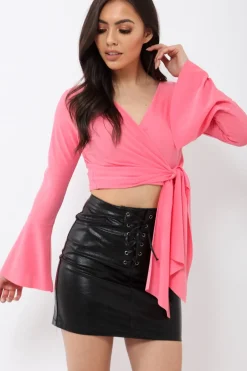 Rebellious Fashion Fuchsia Wrap Over Tie Front Crop Top - Ella