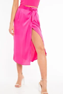 Rebellious Fashion Fuchsia Wrap Tie Side Satin Midi Skirt - Mailah