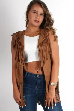 Rebellious Fashion Gabbi Camel Suede Tassel Waistcoat