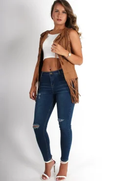 Rebellious Fashion Gabbi Camel Suede Tassel Waistcoat