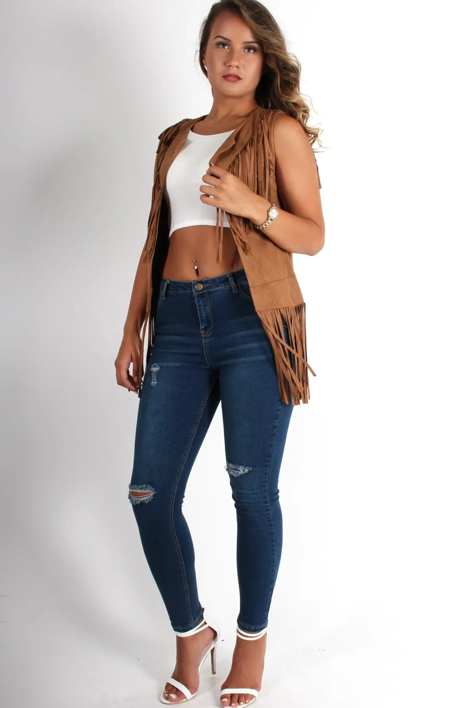 Rebellious Fashion Gabbi Camel Suede Tassel Waistcoat