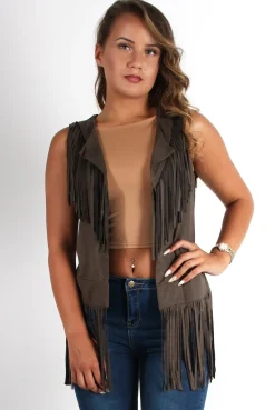 Rebellious Fashion Gabbi Khaki Suede Tassel Waistcoat