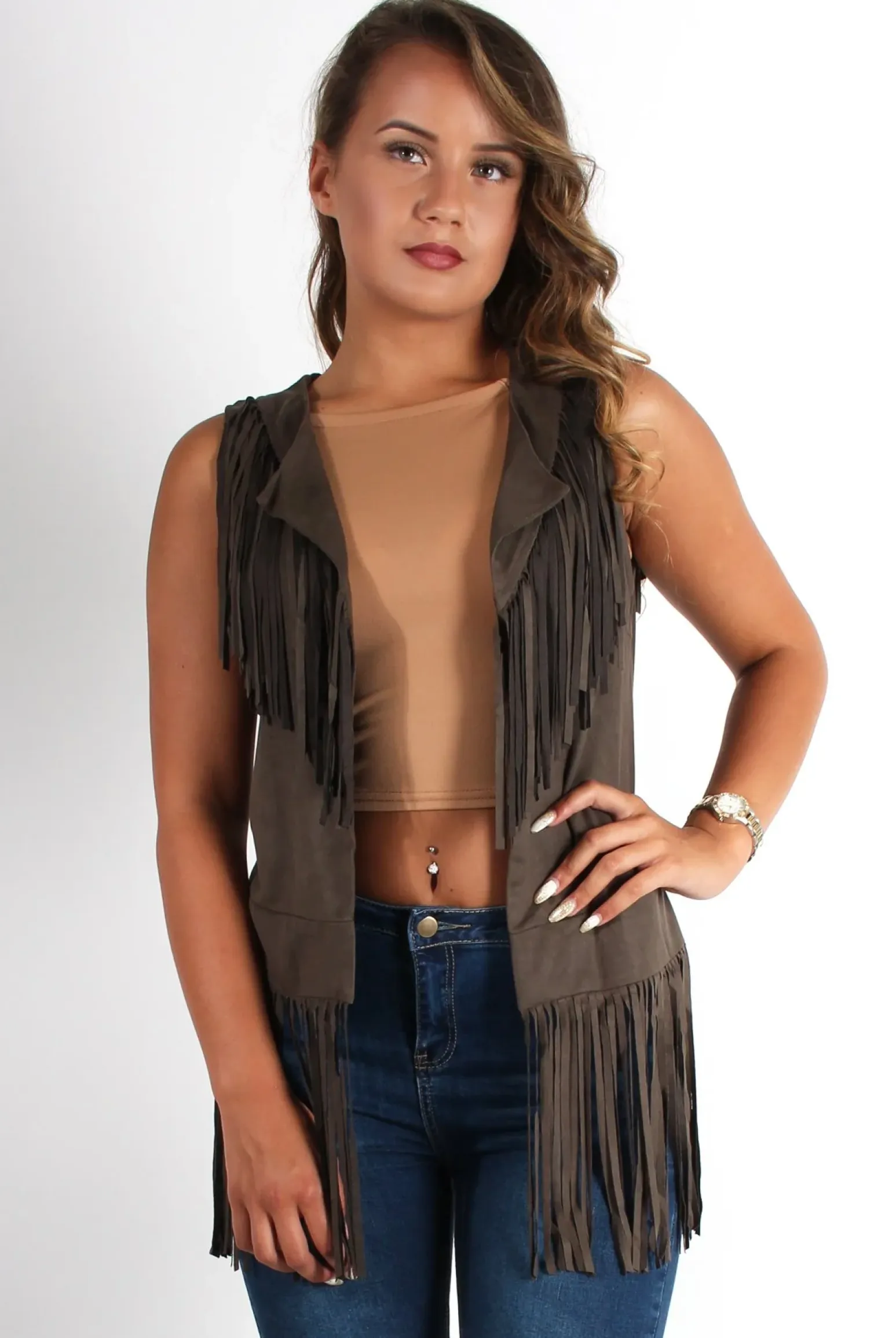 Rebellious Fashion Gabbi Khaki Suede Tassel Waistcoat