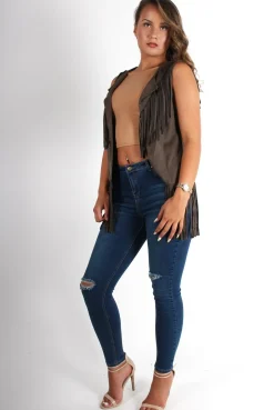 Rebellious Fashion Gabbi Khaki Suede Tassel Waistcoat
