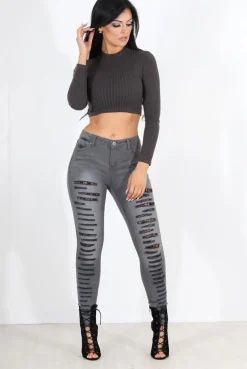 Rebellious Fashion Gabby Grey Ripped Knee Skinny Jeans