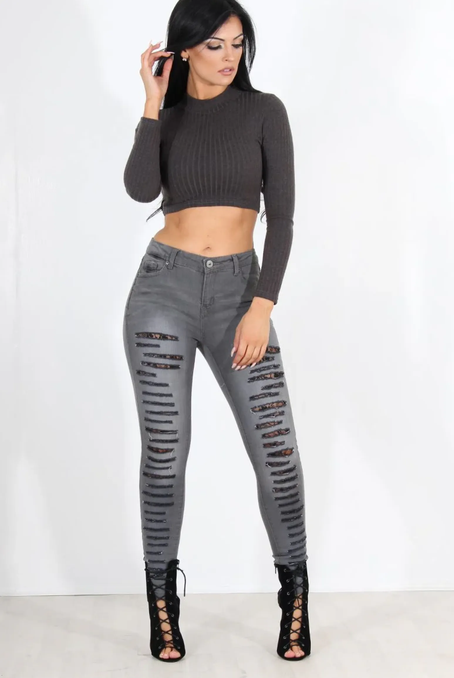 Rebellious Fashion Gabby Grey Ripped Knee Skinny Jeans