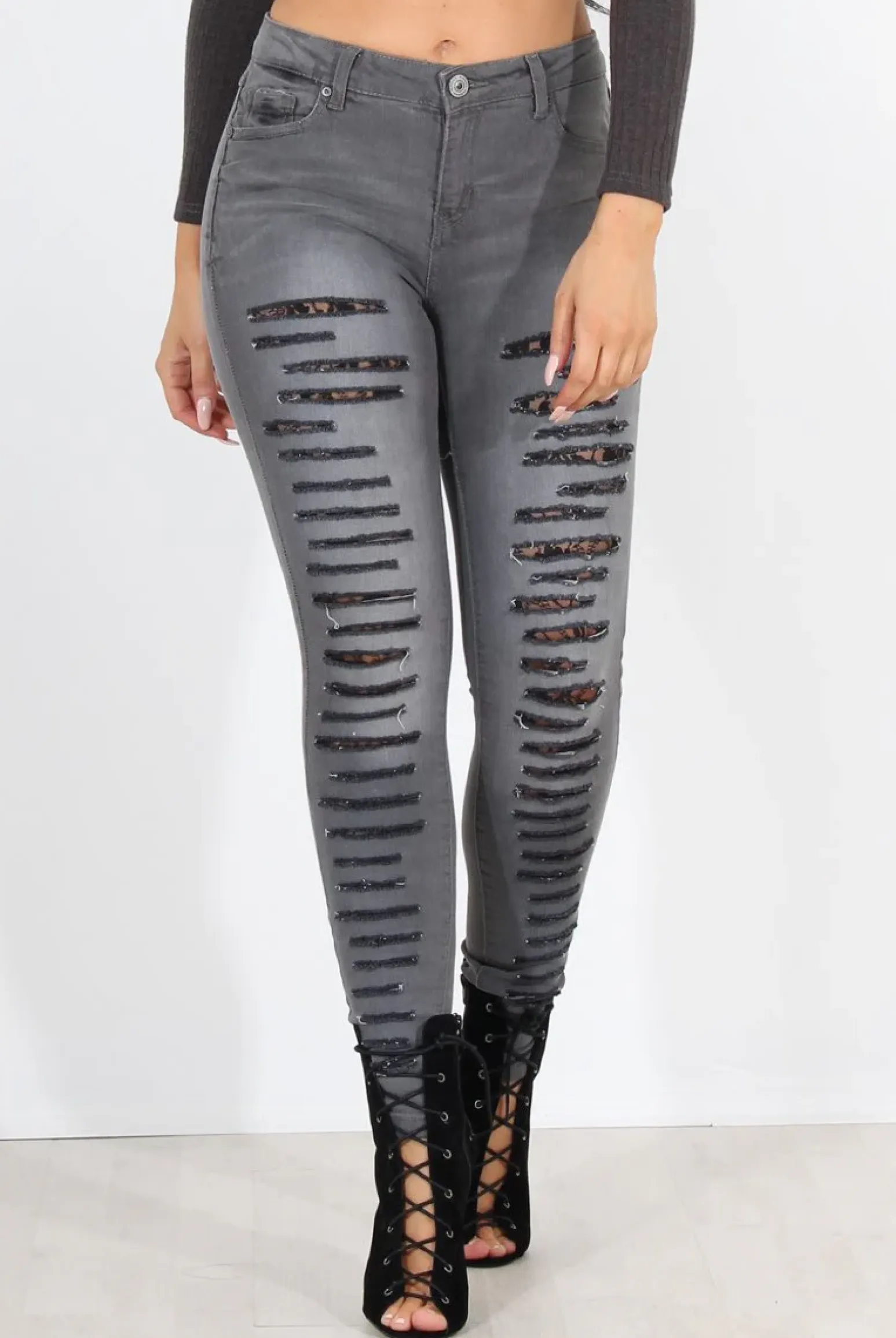 Rebellious Fashion Gabby Grey Ripped Knee Skinny Jeans