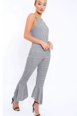 Rebellious Fashion Gingham Cropped Frill Hem Jumpsuit - Sadey