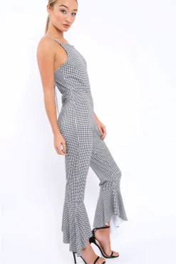 Rebellious Fashion Gingham Cropped Frill Hem Jumpsuit - Sadey