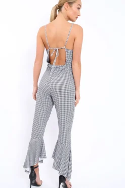 Rebellious Fashion Gingham Cropped Frill Hem Jumpsuit - Sadey