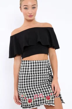 Rebellious Fashion Gingham Lace up Skirt with Floral Embroidery - Juliet